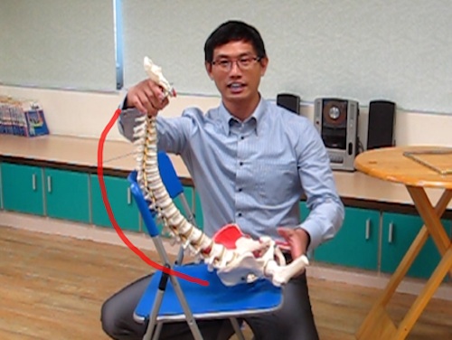 在此利用脊椎骨模型讓你了解到「半躺半坐」的危害