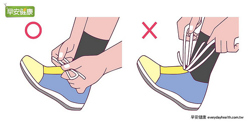 正確的綁鞋帶方式應該像上圖左側一樣往橫拉緊