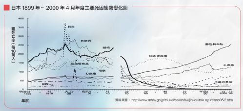 日本1899年～2000年4月年度主要死因趨勢變化圖