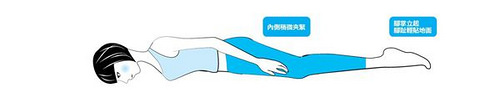 俯臥,臉部朝下。大腿內側稍稍夾緊,腳趾頭輕貼地面。