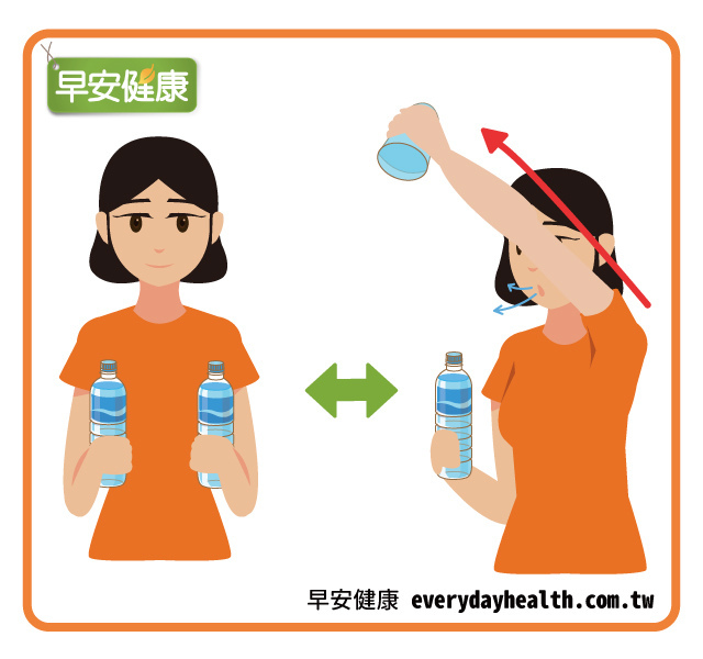 手拿寶特瓶舉高幫助伸展肺部與呼吸肌讓呼吸更順暢