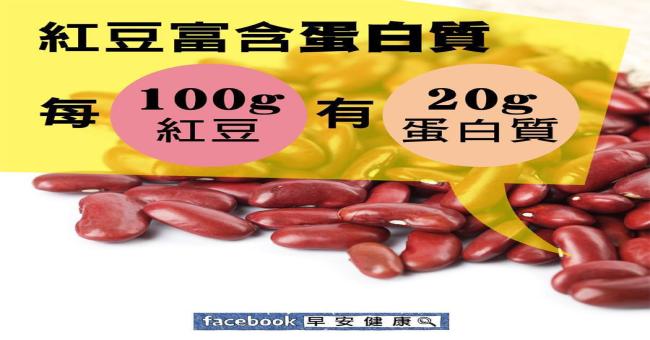 紅豆富含蛋白質，每100g紅豆有20g蛋白質