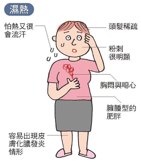 津液失調引發濕熱的病態，常有怕熱易流汗、頭髮稀疏、臃腫等症狀。