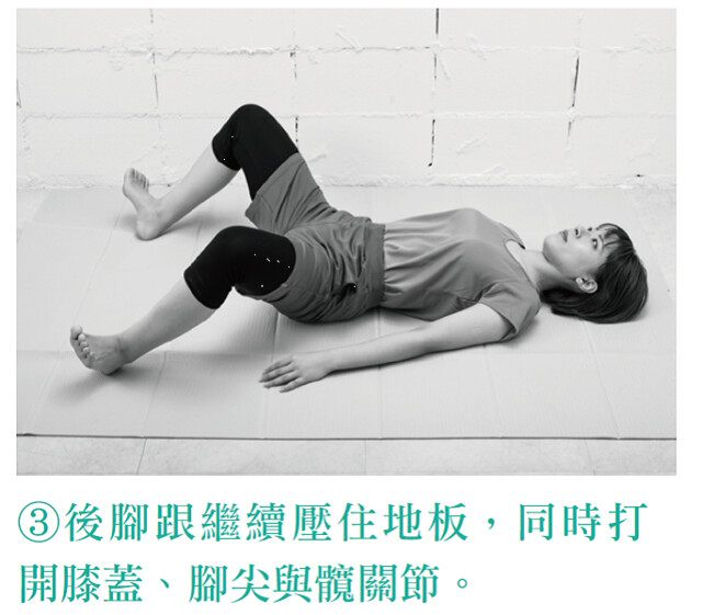 3.後腳跟繼續壓住地板，同時打開膝蓋、腳尖與髖關節。