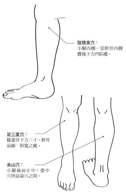 陰陵泉穴、承山穴、足三里穴