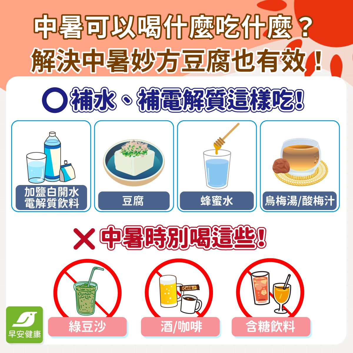 中暑喝什麼吃什麼？解除中暑症狀要幫身體補充水分與電解質，除了電解質飲料以外，也可以選擇豆腐、蜂蜜水來緩解中暑