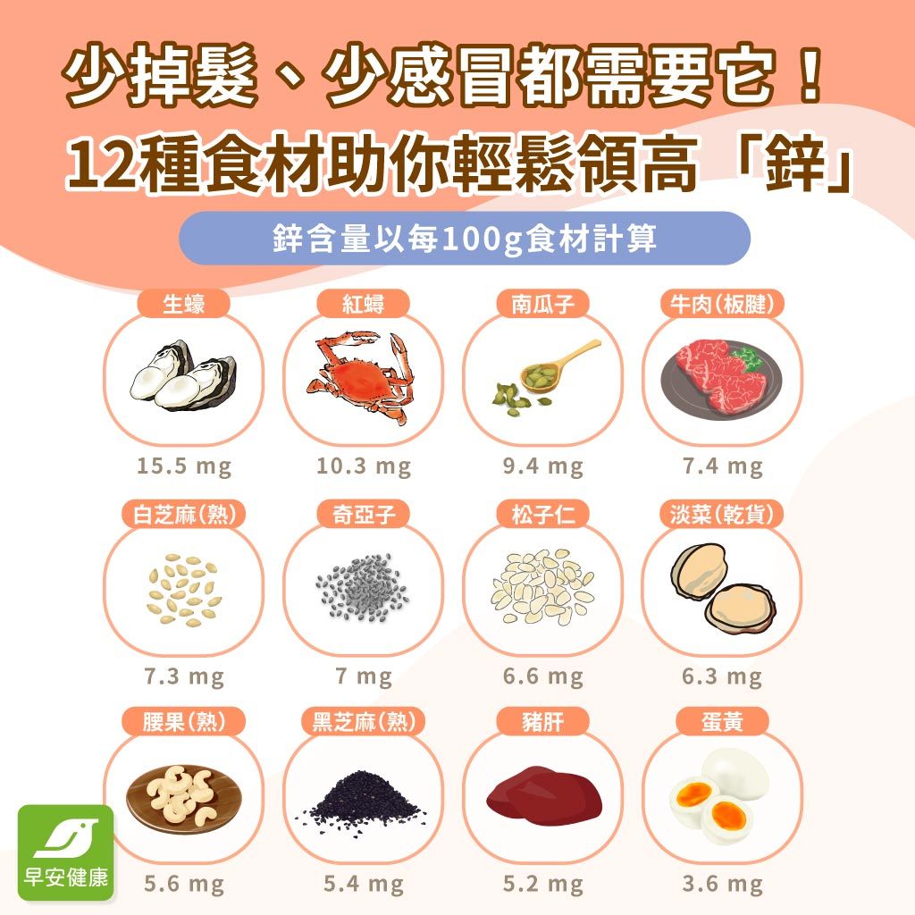 鋅功效6種對女性也有好處！含鋅食物有哪些？什麼時候吃最好？缺鋅症狀會怎樣？