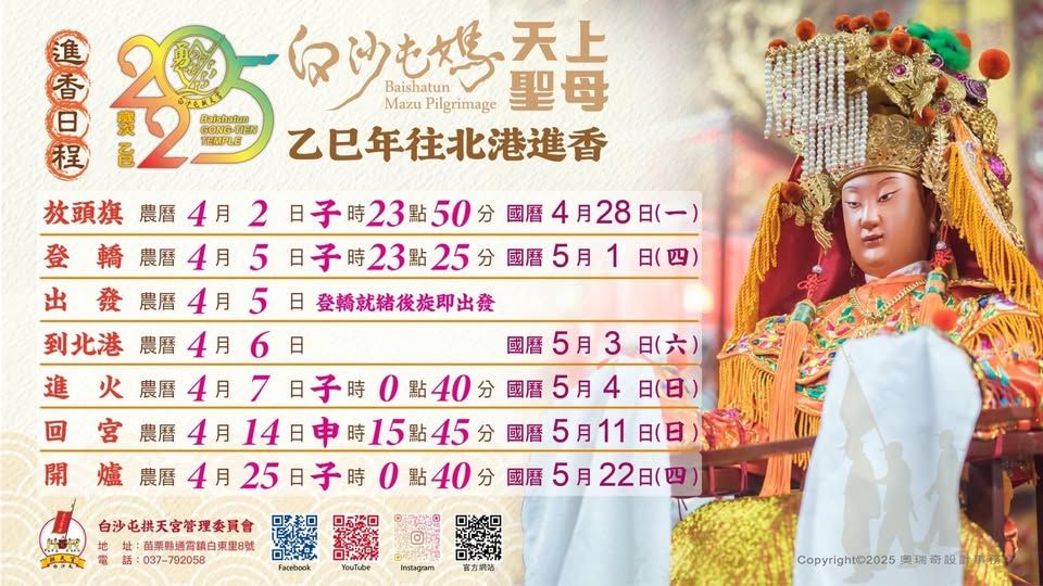 白沙屯媽祖徒步進香時程表